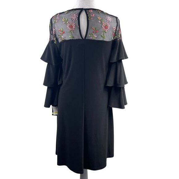 Black Shift Dress Sz 4 Mesh Embroidered Floral Ruffled Sleeves Whimsigoth Fairy - Picture 9 of 11